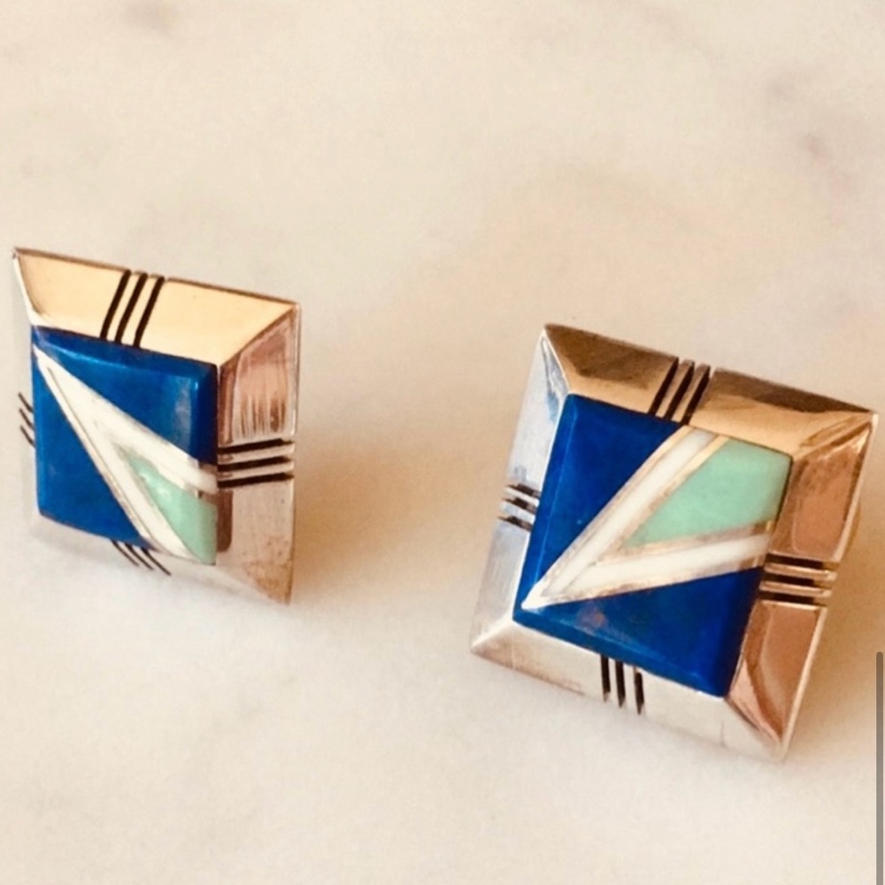 Vintage Gilbert Nelson Native American Lapis Turquoise Navajo Earrings - Picture 9 of 14